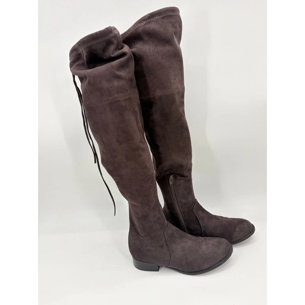 Women Dark Brown Faux Suede Over the Knee Thigh High Tie Back Boots Size 7.5